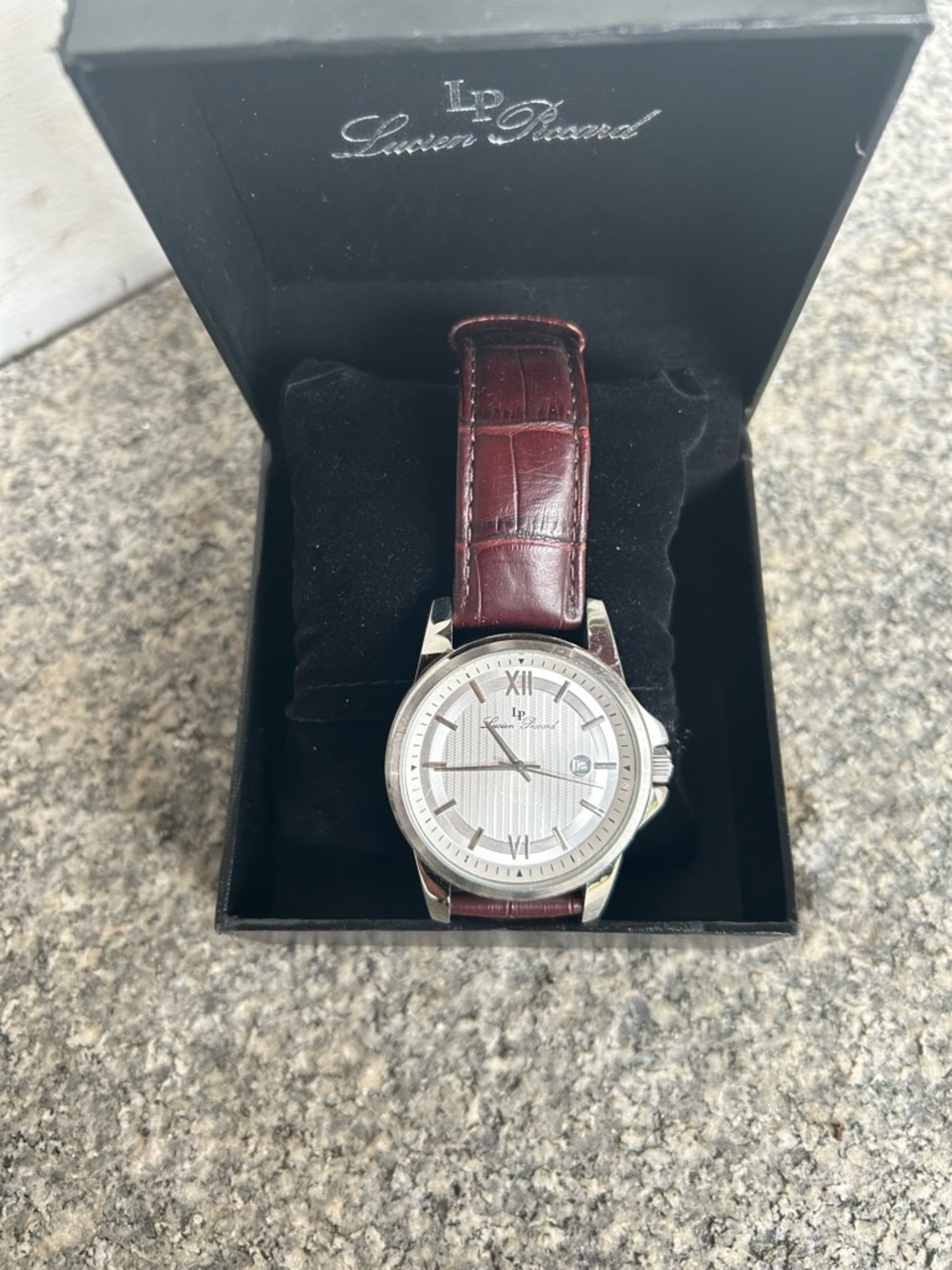 Lucien Piccard Silver Dial Watch with Burgundy Leather Strap